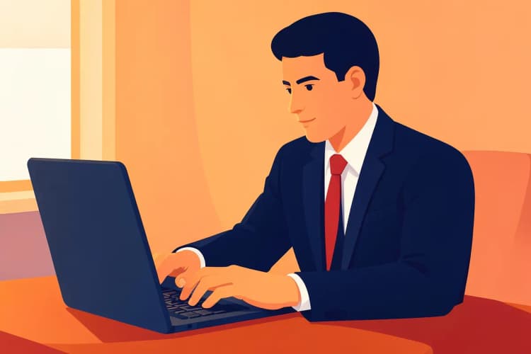 Um homem de terno, com expressão concentrada, analisa métricas em um notebook em uma mesa de madeira, com uma xícara de café ao lado.