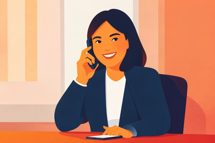 Uma mulher sentada em uma cadeira de escritório, com um sorriso confiante, gesticula enquanto fala ao telefone.