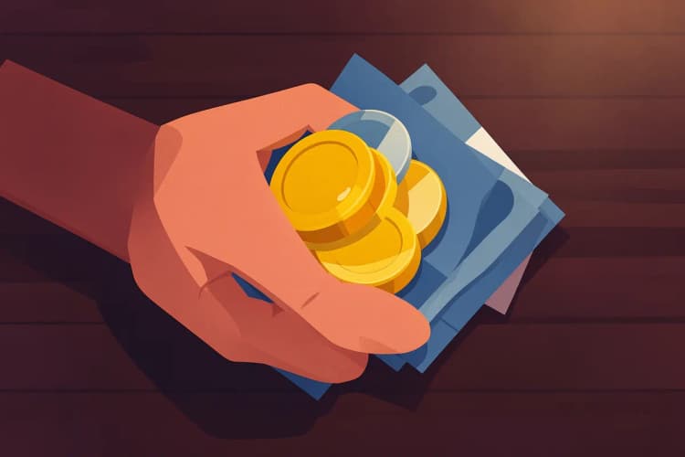 Uma mão segura uma pilha de moedas de ouro e notas de dinheiro sobre uma mesa, simbolizando o pagamento por serviços.