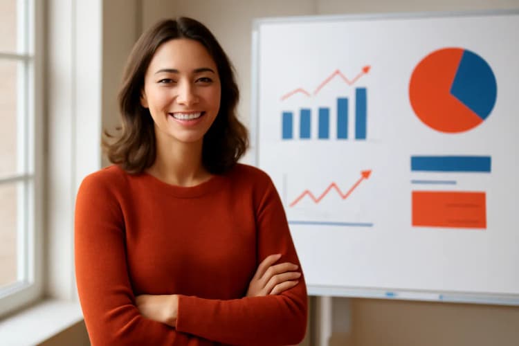 mulher sorrindo em frente a um quadro branco com gráficos de marketing digital