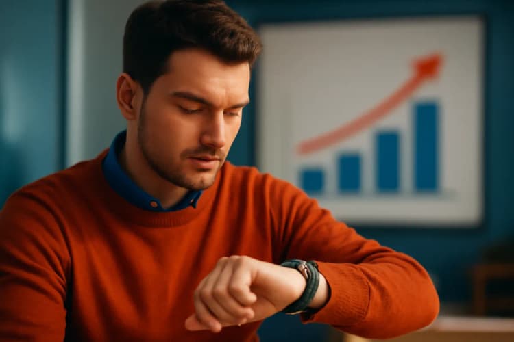 homem jovem olhando para um relógio de pulso com um gráfico de crescimento de marketing digital ao fundo