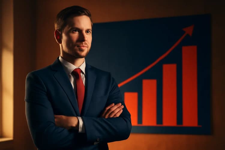 homem de negócios confiante em um terno em frente a um gráfico de barras de crescimento financeiro