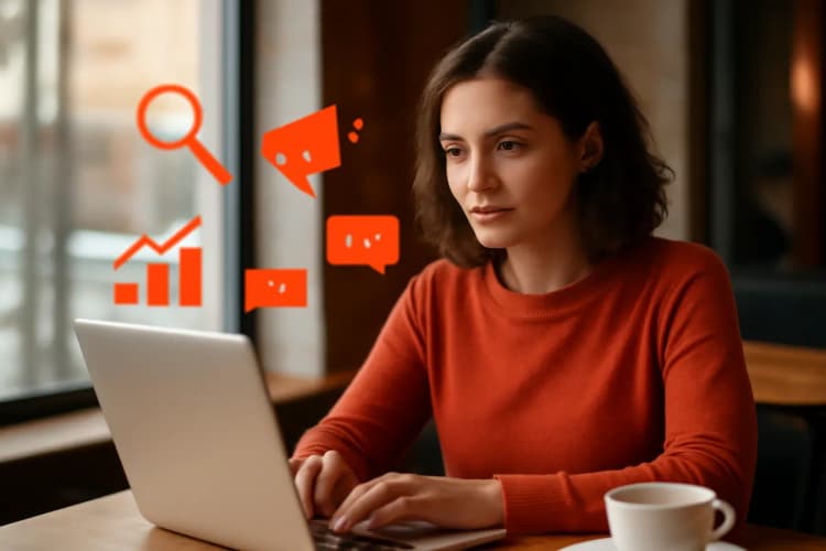 mulher jovem trabalhando em um laptop em um café com ícones de marketing digital flutuando ao redor