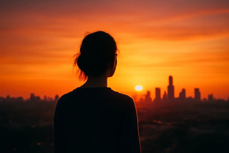 pessoa pensativa olhando para um horizonte de cidade ao pôr do sol