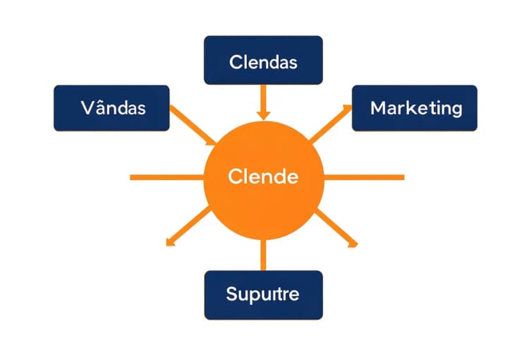 Um diagrama de fluxo simples mostra um círculo rotulado "Cliente" no centro, com setas apontando para caixas rotuladas "Vendas", "Marketing" e "Suporte".
