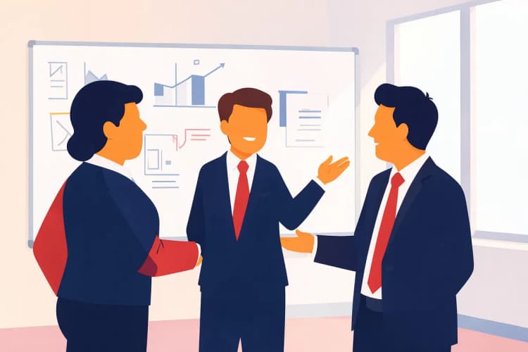 Um grupo de três pessoas em um escritório discute animadamente em frente a um quadro branco com anotações e gráficos.