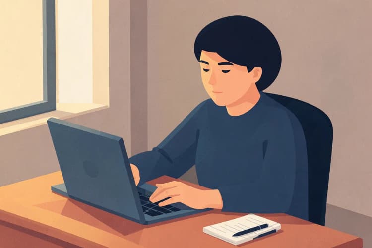 Uma pessoa sentada em uma mesa de escritório, pensativa, com um laptop aberto e um caderno ao lado.