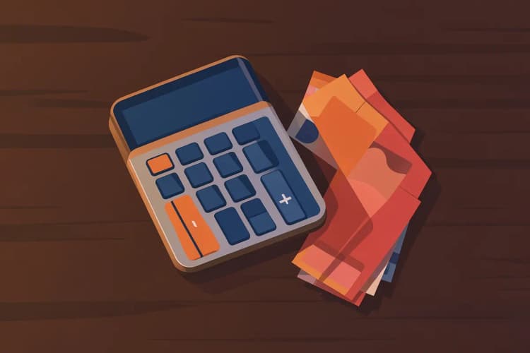 Uma calculadora e algumas notas de dinheiro sobre uma mesa de madeira escura.