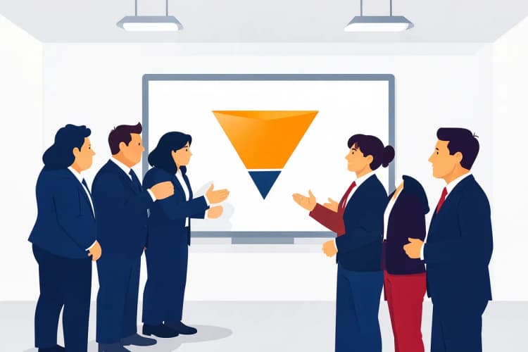 Um grupo de pessoas em reunião discutindo um gráfico de funil de vendas em um quadro branco.