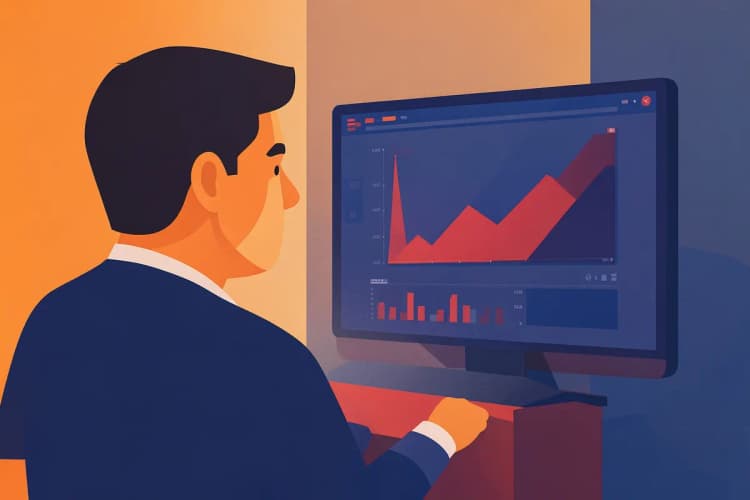 Um homem de negócios olhando atentamente para um painel digital com gráficos de desempenho.