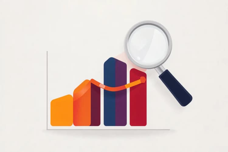 Gráfico de barras subindo com uma lupa sobre ele, simbolizando SEO.