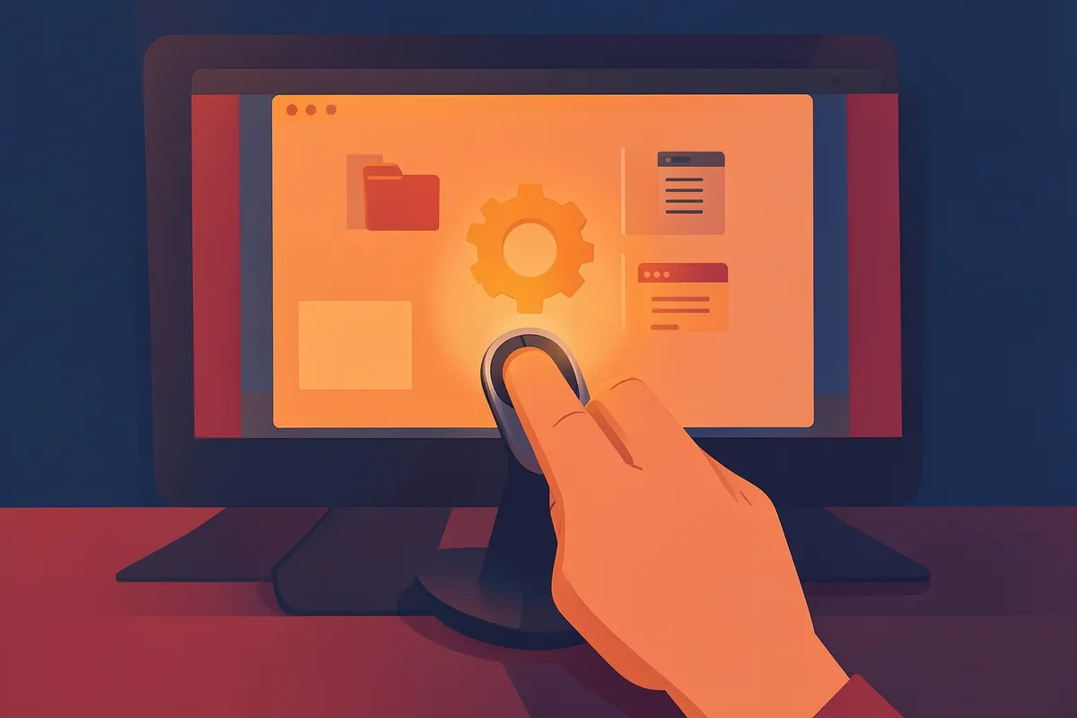 Uma mão seleciona um ícone de engrenagem em uma tela de computador com vários ícones de aplicativos.
