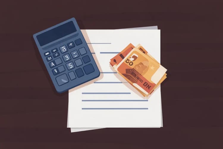 Uma calculadora e notas de dinheiro empilhadas sobre um contrato em uma mesa de madeira escura.