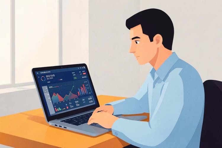 Um homem em um escritório olha atentamente para um laptop exibindo um painel de controle com gráficos e números.