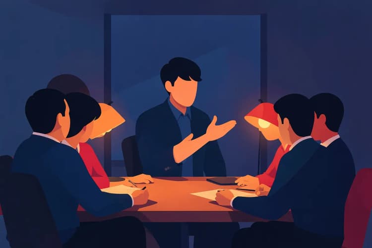 Uma pessoa em um ambiente de escritório, gesticulando enquanto explica um projeto para colegas sentados ao redor de uma mesa.