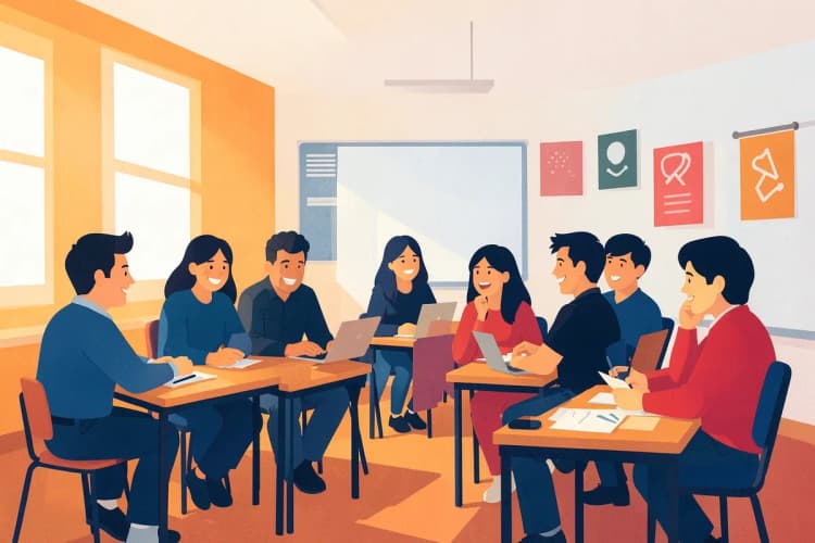 Alunos sorrindo e interagindo em uma sala de aula durante um curso presencial de marketing.