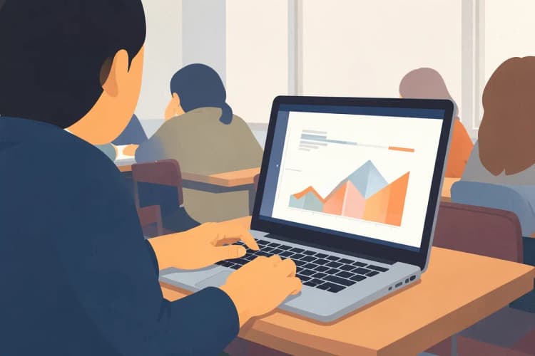 Pessoa analisando gráficos em um notebook em uma sala de aula com outros alunos ao fundo.