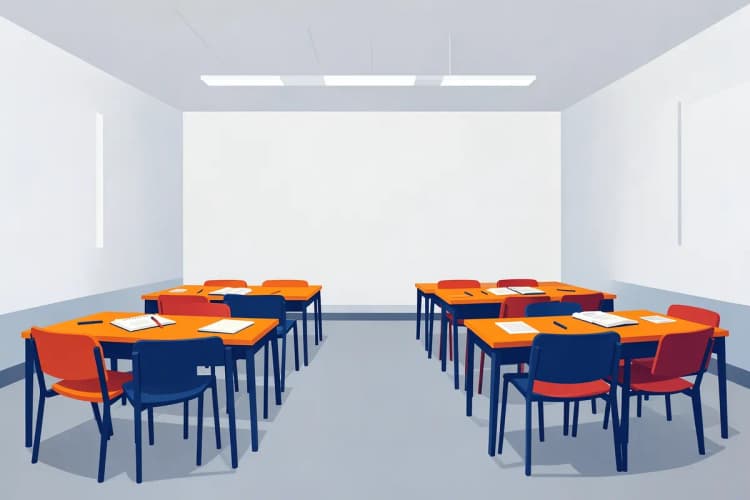 Ambiente de sala de aula com cadeiras organizadas e materiais de curso sobre as mesas.