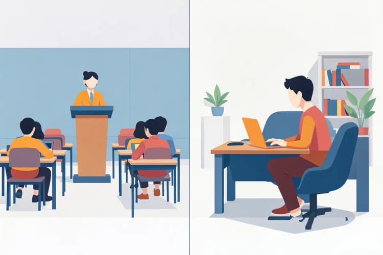 Comparação visual entre um ambiente de sala de aula e uma pessoa usando notebook em casa.