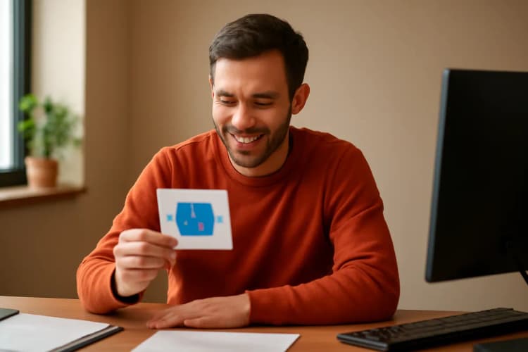 homem sorrindo olhando para a carta do google meu negócio em sua mesa de escritório