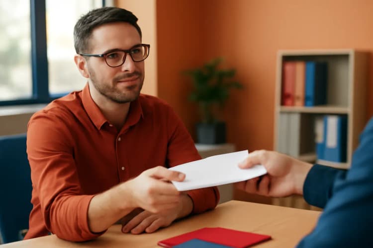 homem sorrindo entregando uma carta para outra pessoa em um ambiente de escritório