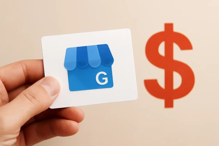 close-up de uma mão segurando uma carta do google meu negócio com um cifrão ao lado