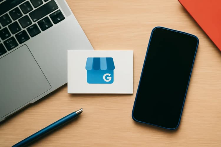 vista aérea de uma mesa de escritório com a carta do google meu negócio, um laptop e um telefone