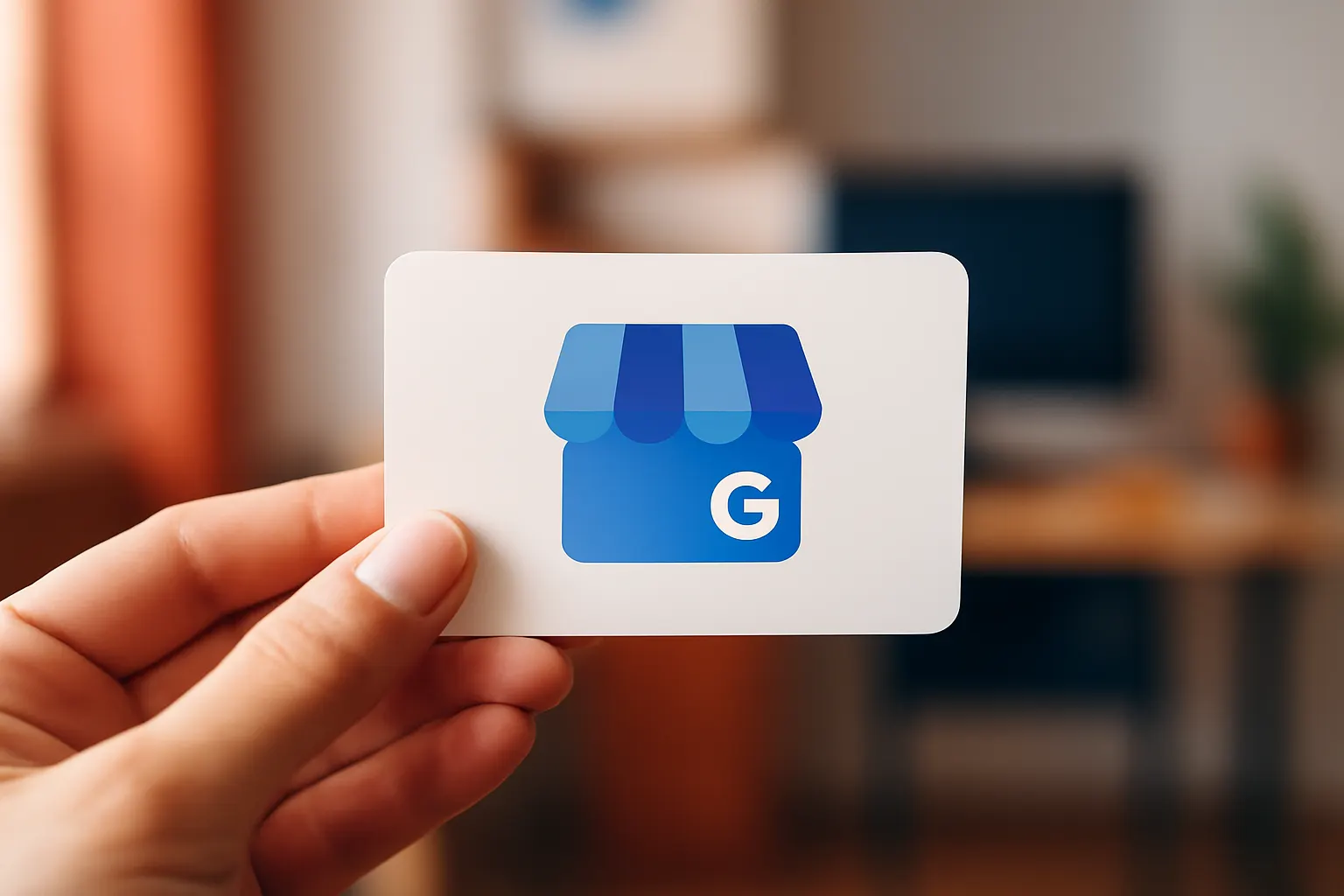 carta do google meu negócio em mãos com um fundo desfocado de escritório