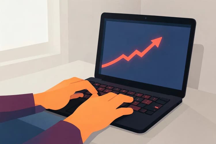 Pessoa digitando em um laptop com gráficos de crescimento aparecendo na tela.