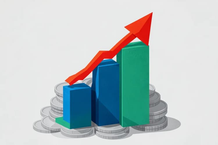 Gráfico de barras mostrando crescimento financeiro e uma seta apontando para cima.