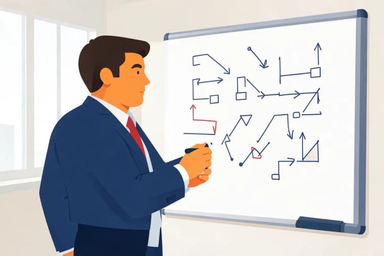 Profissional de marketing analisando dados em um quadro branco com gráficos e anotações.