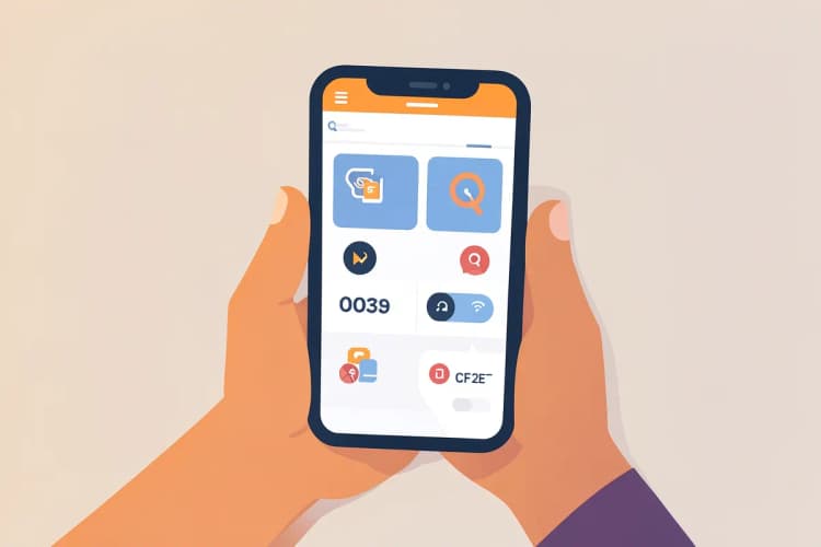 Mão segurando um smartphone exibindo um site otimizado com ícones de SEO.