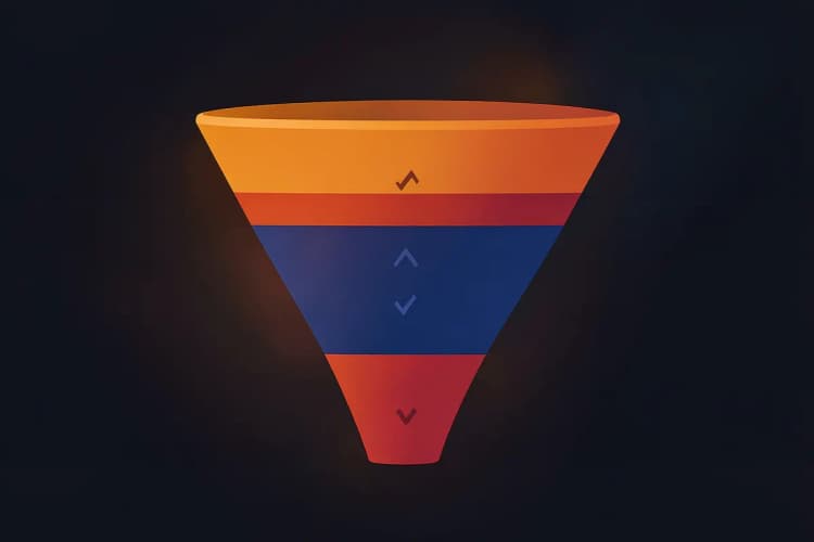 Gráfico de funil de vendas com setas indicando o fluxo de clientes, representando gestão de tráfego.