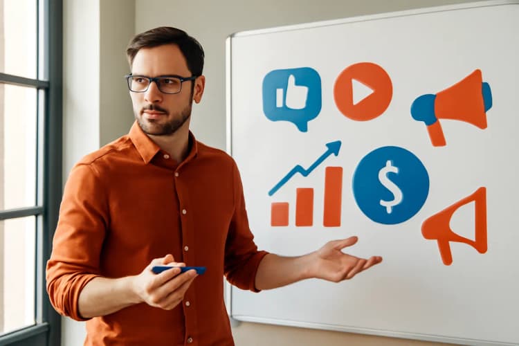 Definição de gestor de tráfego pago com ícones de marketing digital.
