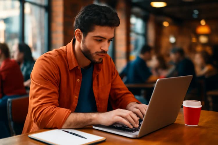 O que faz um curso de marketing digital, pessoa trabalhando em um laptop em um café