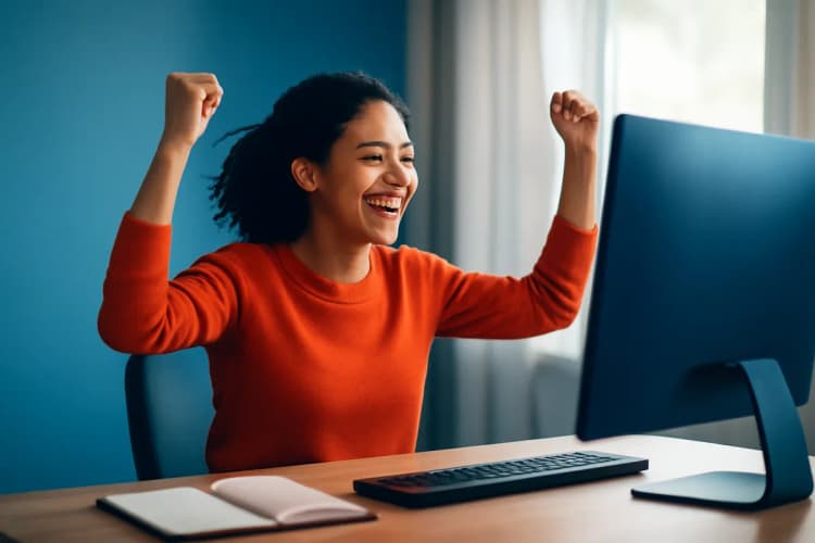 Considerações finais sobre cursos de marketing digital, pessoa comemorando sucesso em frente ao computador