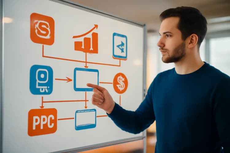Definição de especialista em tráfego pago com ícones de marketing digital