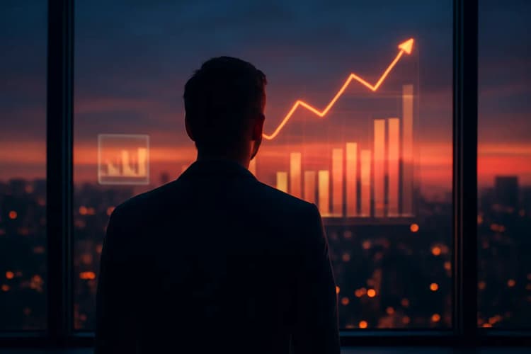 Pessoa olhando para o futuro com gráficos de sucesso de tráfego pago