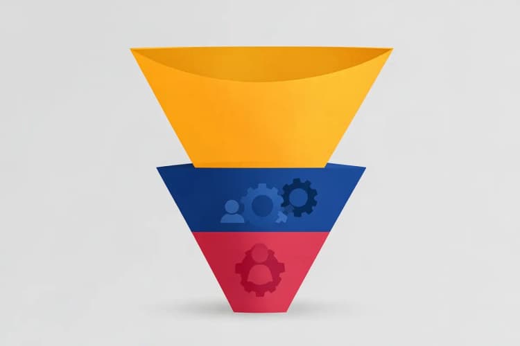Um gráfico de funil de vendas com três níveis: topo (atração), meio (consideração) e fundo (decisão), com ícones de pessoas e engrenagens.