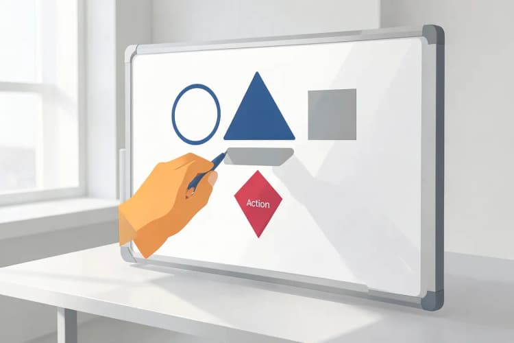 Uma pessoa desenhando um funil de vendas em um quadro branco com etapas como 'consciência', 'interesse', 'desejo' e 'ação'.
