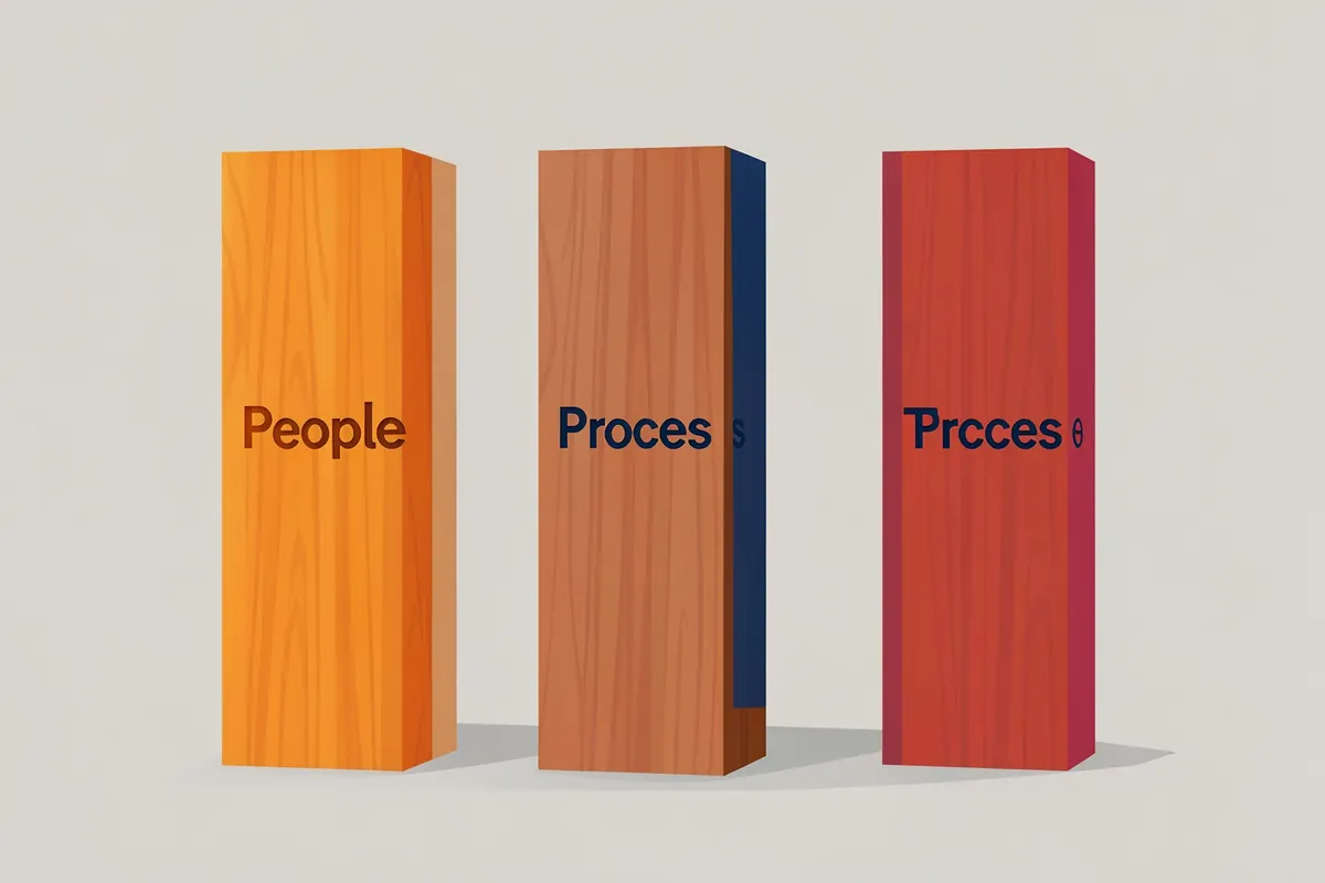 Três pilares de madeira com os dizeres 'Pessoas', 'Processos' e 'Tecnologia' em um fundo desfocado.
