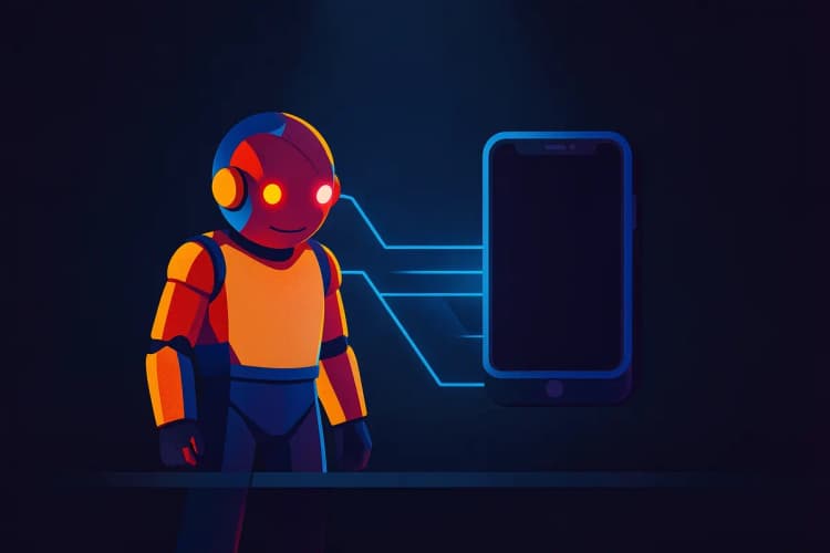 Um robô e um smartphone conectados por linhas de luz, simbolizando a automação de marketing.
