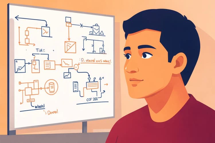 Uma pessoa pensativa olhando para um quadro branco com anotações e diagramas sobre produtos digitais.