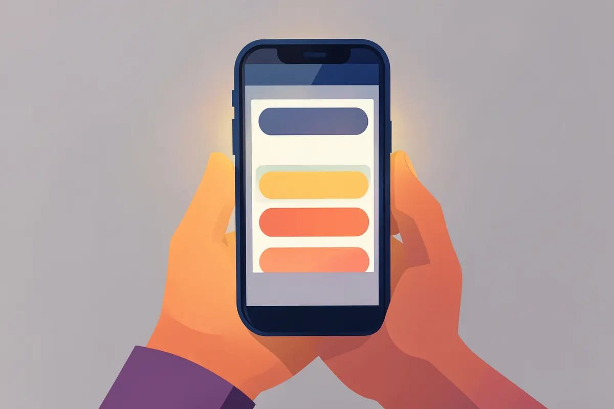 Uma mão segurando um smartphone exibindo um quiz interativo com opções de resposta.