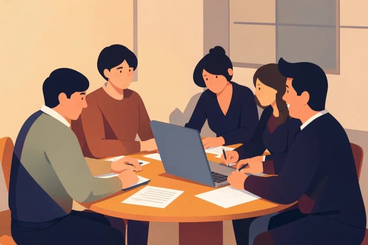 Um grupo de pessoas colaborando em torno de uma mesa com um laptop e papéis, discutindo ideias.