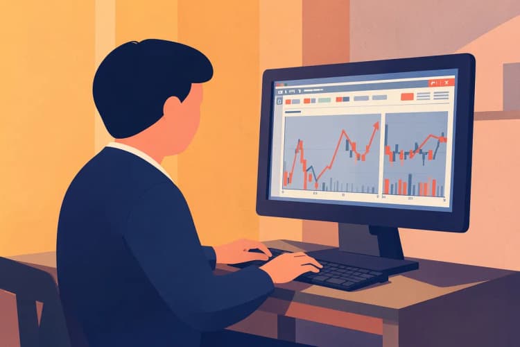 Uma pessoa trabalhando em um computador com gráficos de tráfego pago na tela, em um ambiente de escritório.