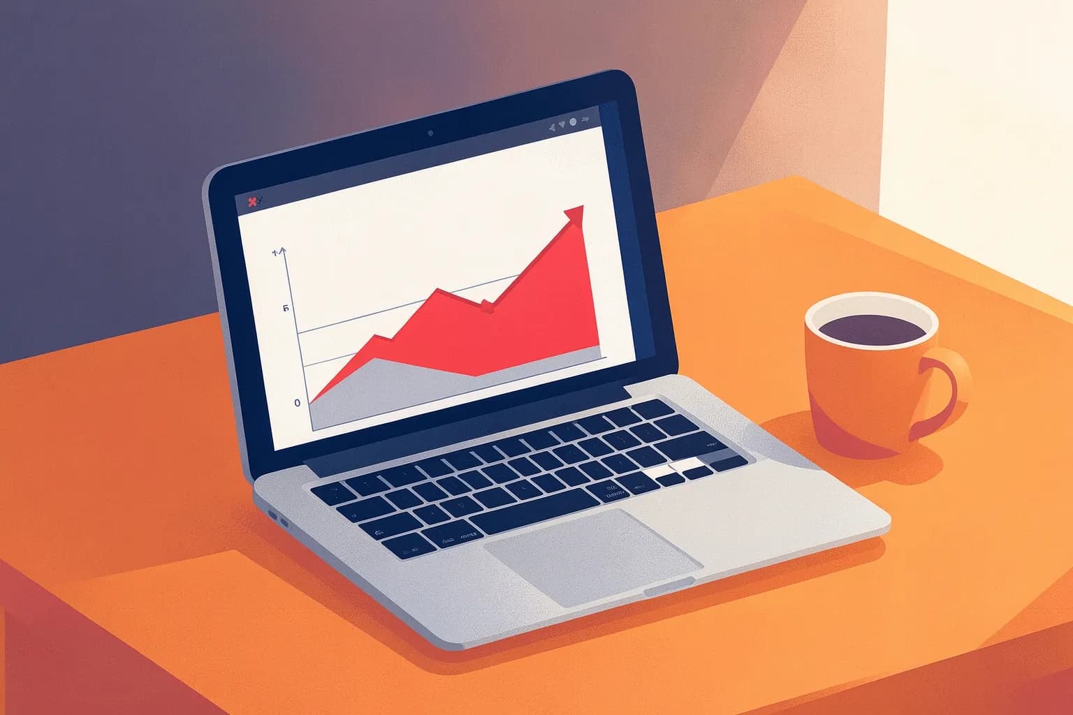 Um laptop aberto com um gráfico de crescimento em sua tela, em uma mesa de madeira com uma xícara de café ao lado.