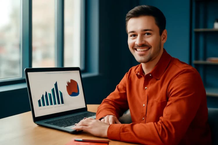 Homem sorrindo em um escritório moderno, trabalhando em um laptop com gráficos na tela, representando o que é marketing digital
