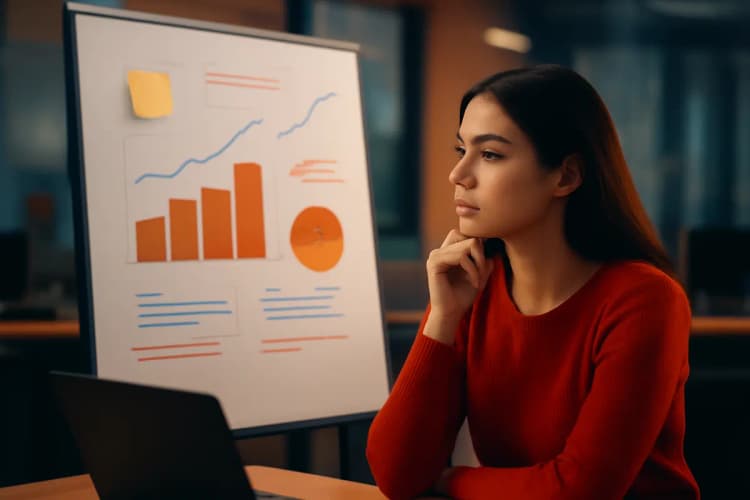 Mulher em um escritório olhando para um quadro com anotações sobre salários em marketing digital