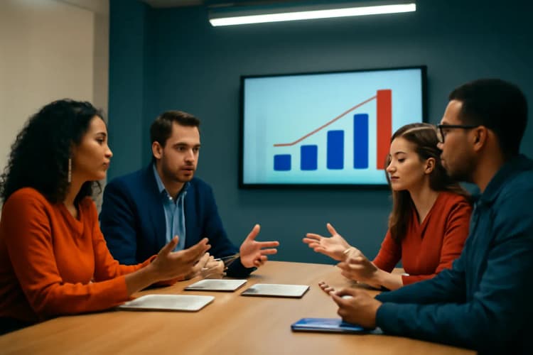 Grupo de profissionais de marketing discutindo em uma sala de reunião com gráficos na tela, representando cargos valorizados em marketing digital